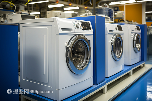 蓝色地板上的洗衣机 家用电器中的美学与实用结合